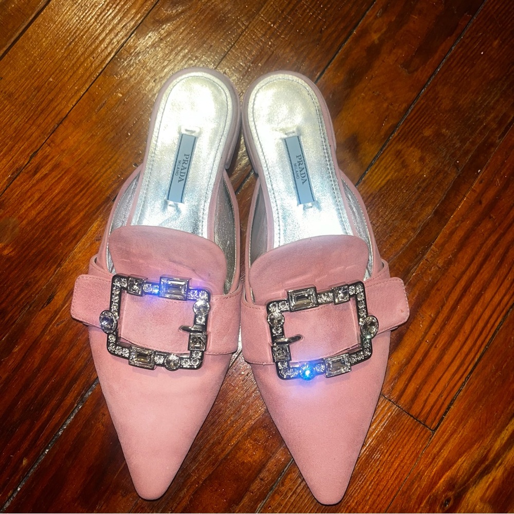 Prada Rose Pink Jeweled Buckle Suede Mule - Picture 3 of 8